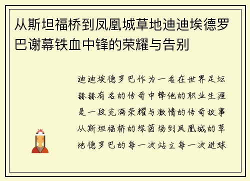 从斯坦福桥到凤凰城草地迪迪埃德罗巴谢幕铁血中锋的荣耀与告别 从斯坦福桥到凤凰城草地迪迪埃德罗巴谢幕铁血中锋的荣耀与告别